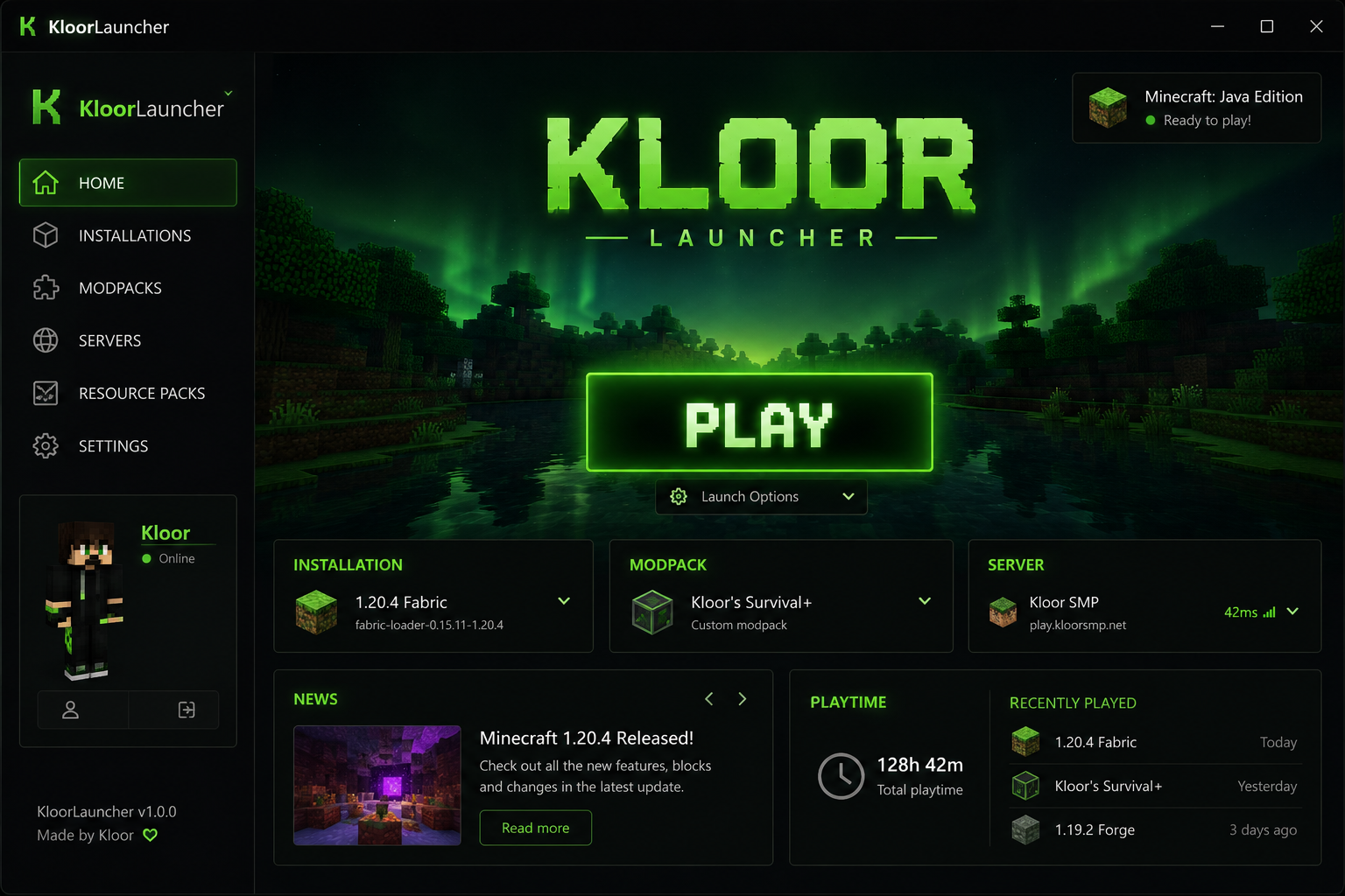 KloorLauncheri roheline Minecrafti avaleht
